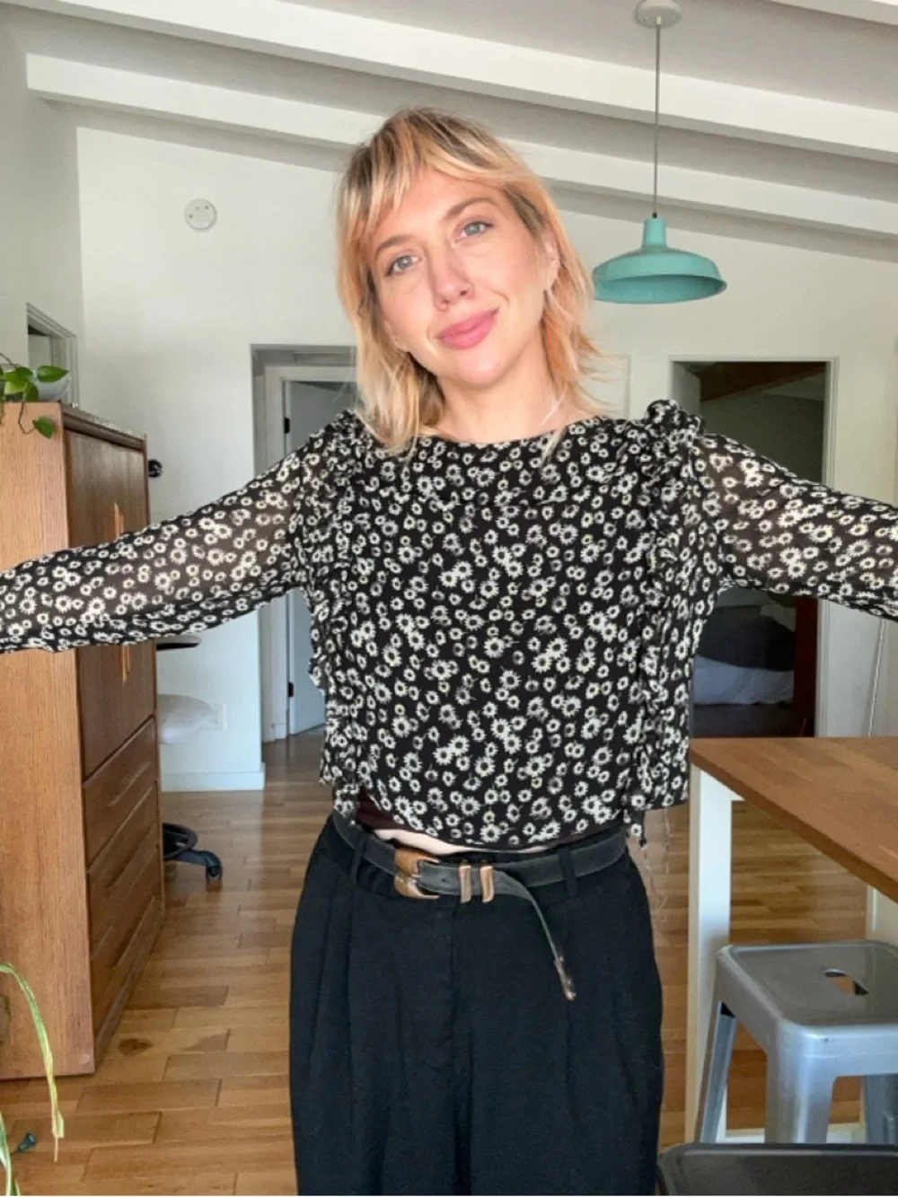 Zara “Trafaluc” Black Floral Long Sleeve Breezy Cropped Blouse